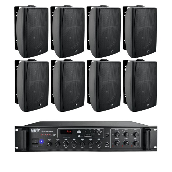 NEXT audiocom 8W6MX350 Installations-Set schwarz mit 8 x 6,5" 100V Lautsprechern